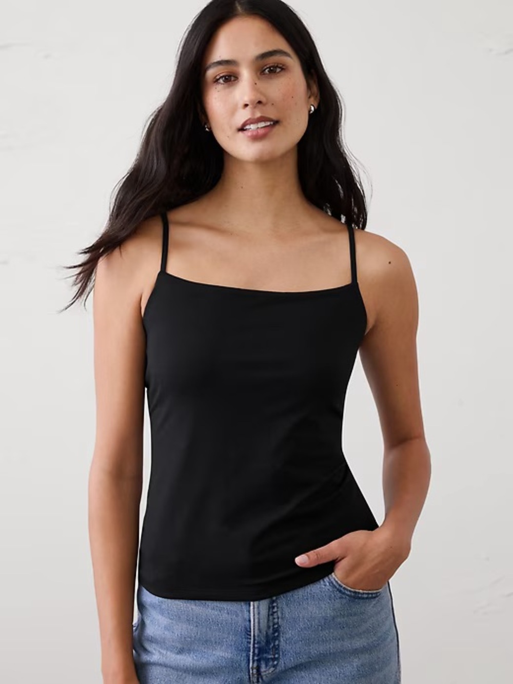 Black Spaghetti Strap Cowl Neck Soft stretch Tank Top, Adjustable Straps